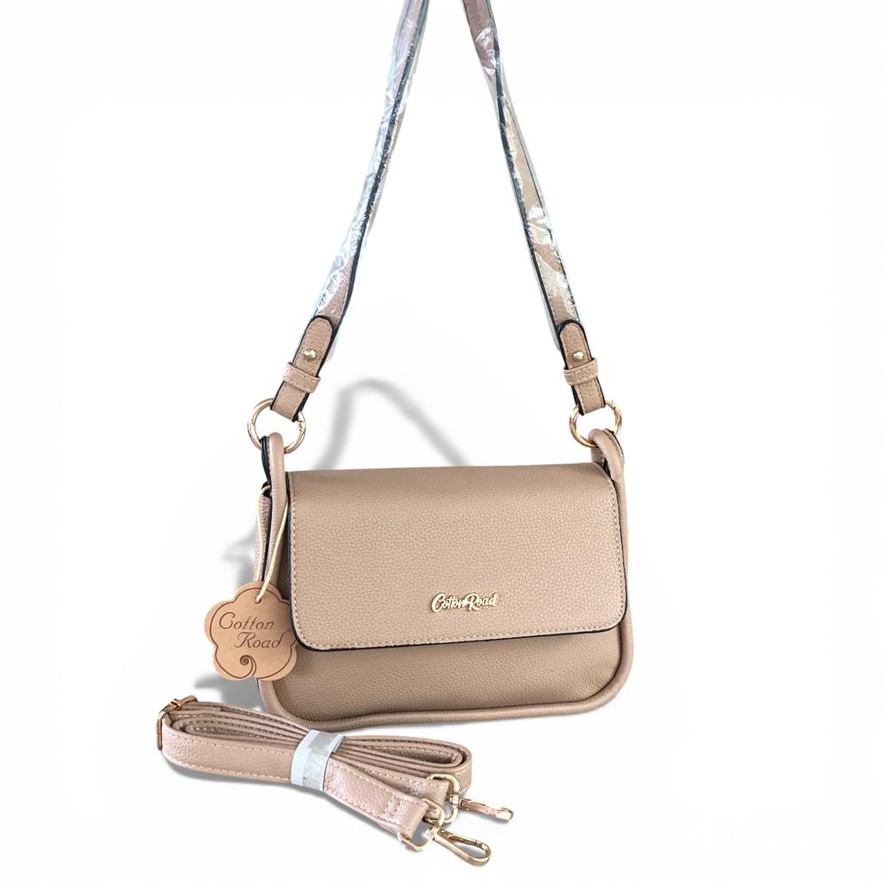 Cotton Road Sling Bag: KHAKI PU Leather Sling Bag with Shoulder Strap