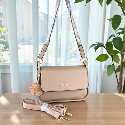 Cotton Road Sling Bag: KHAKI PU Leather Sling Bag with Shoulder Strap