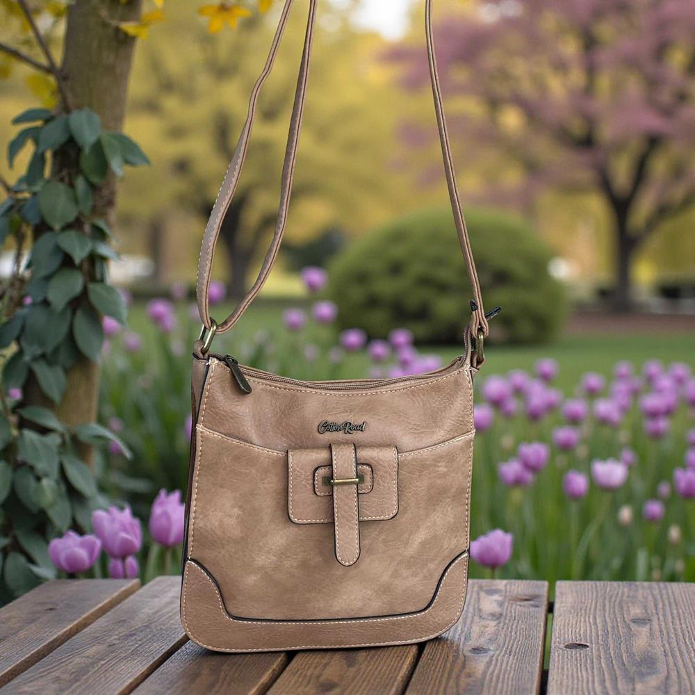Cotton Road Sling Bag: KHAKI PU Leather Sling Bag IN GARDEN