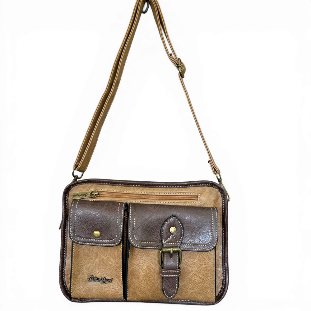 Cotton Road Sling Bag: KHAKI/BROWN PU Leather Bag with BROWN Trim and Buckle Detailing front