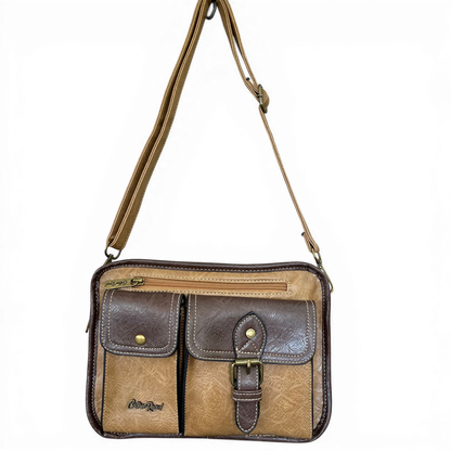 Cotton Road Sling Bag: KHAKI/BROWN PU Leather Bag with BROWN Trim and Buckle Detailing front