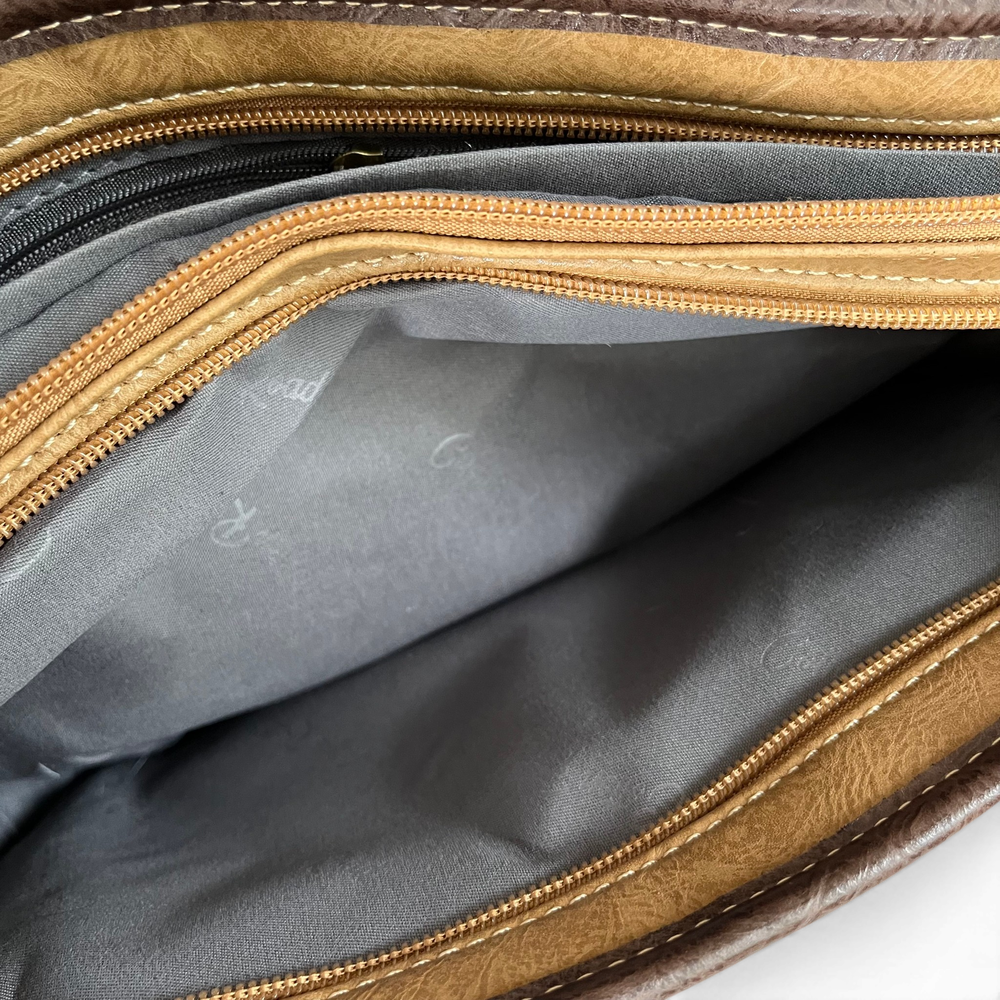 Cotton Road Sling Bag: KHAKI/BROWN PU Leather Bag with BROWN Trim and Buckle Detailing interior