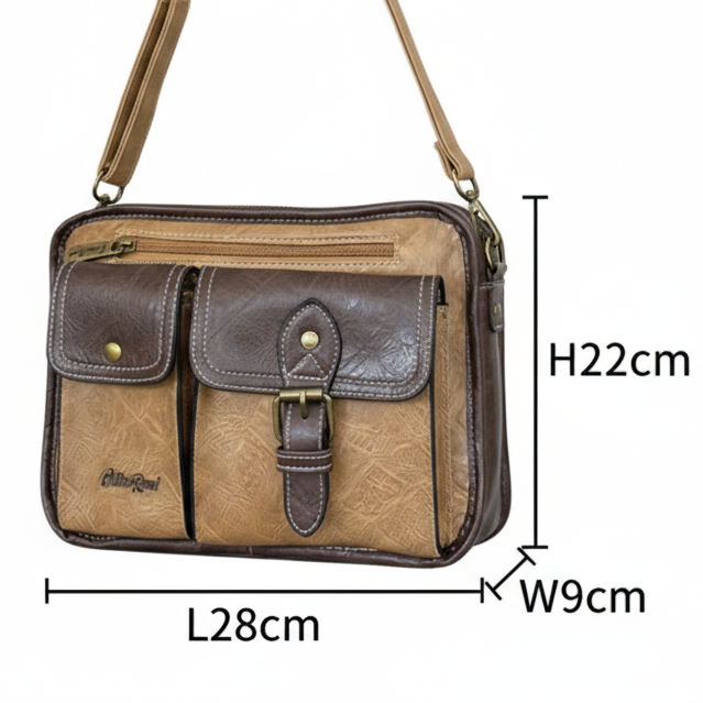 Cotton Road Sling Bag: KHAKI/BROWN PU Leather Bag with BROWN Trim and Buckle Detailing sized