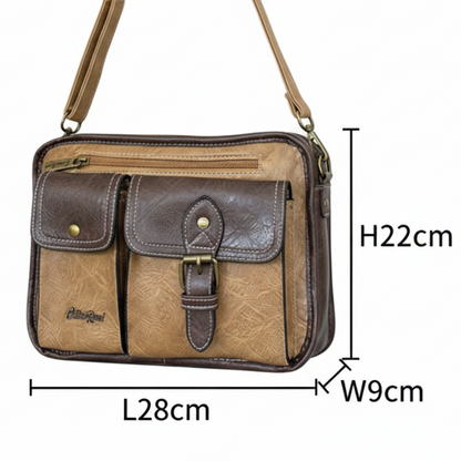 Cotton Road Sling Bag: KHAKI/BROWN PU Leather Bag with BROWN Trim and Buckle Detailing sized