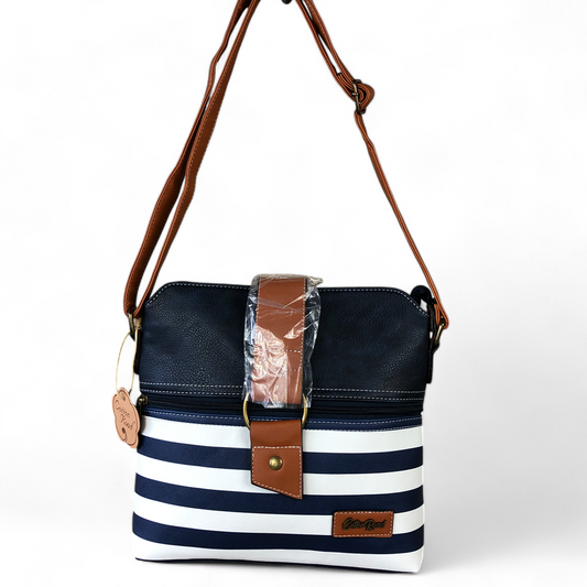 Cotton Road Sling Bag: NAVY BLUE and WHITE PVC Sling Bag with STRAP detailing