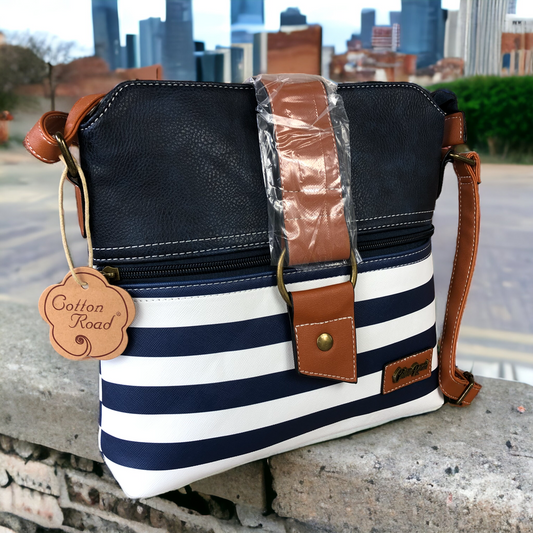Cotton Road Sling Bag: NAVY BLUE and WHITE PVC Sling Bag with STRAP detailing
