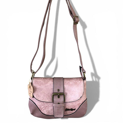 Cotton Road Sling Bag: PINK PU Leather Sling Bag with BUCKLE CLIP hanging