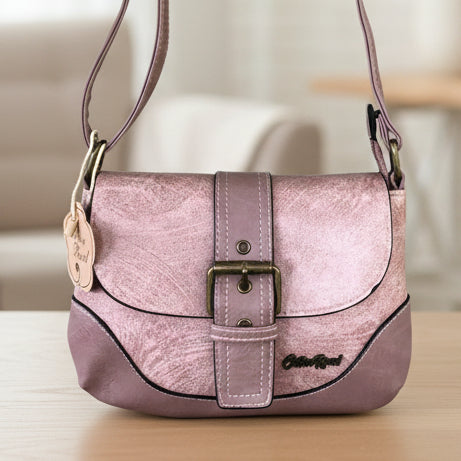 Cotton Road Sling Bag: PINK PU Leather Sling Bag with BUCKLE CLIP hanging
