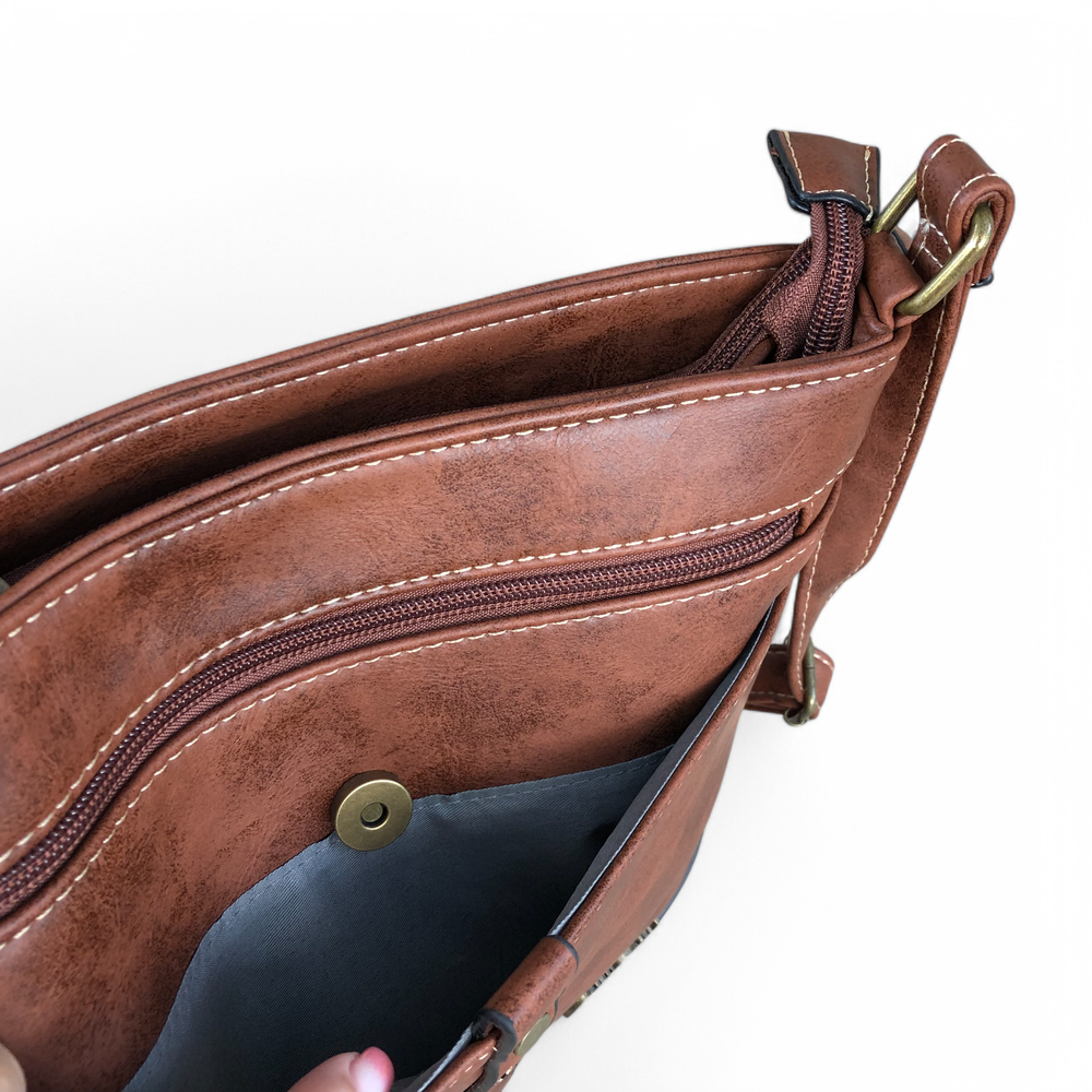 Cotton Road Sling Bag: TAN BROWN PU Leather Sling Bag with STRAP detailing. Two front compartments
