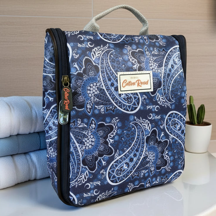 Cotton Road Toiletry Bag: BLUE PVC Hanging Vanity Bag with PAISLEY Print