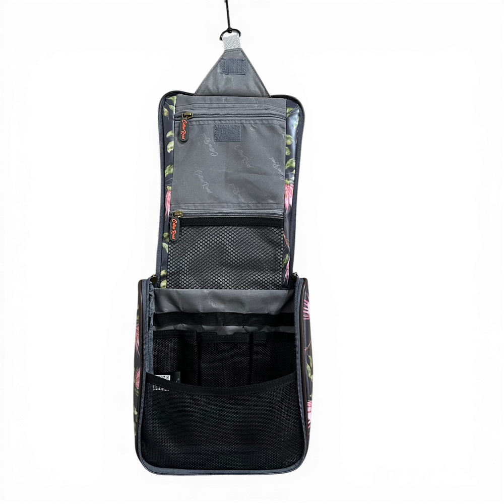 Cotton Road Toiletry Bag: GREY PVC Hanging Vanity Bag with PROTEA Print