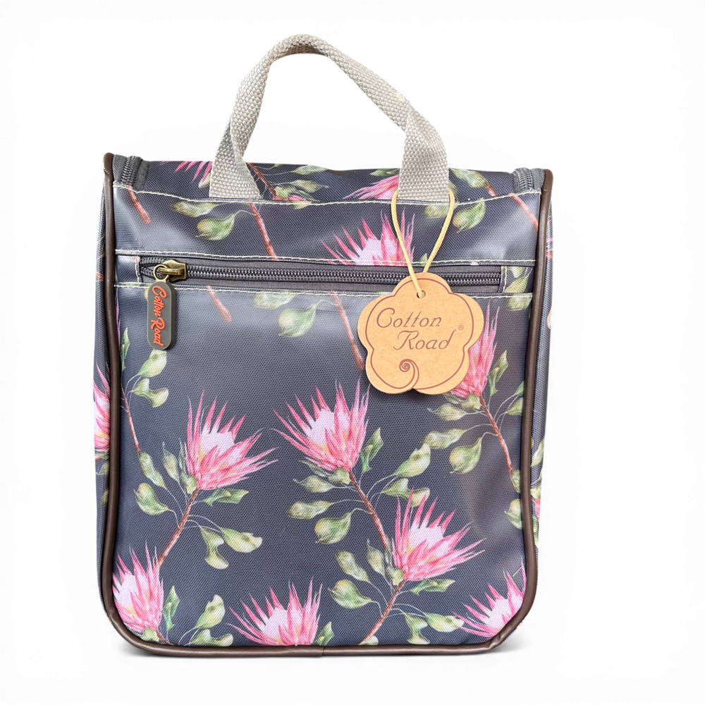 Cotton Road Toiletry Bag: GREY PVC Hanging Vanity Bag with PROTEA Print