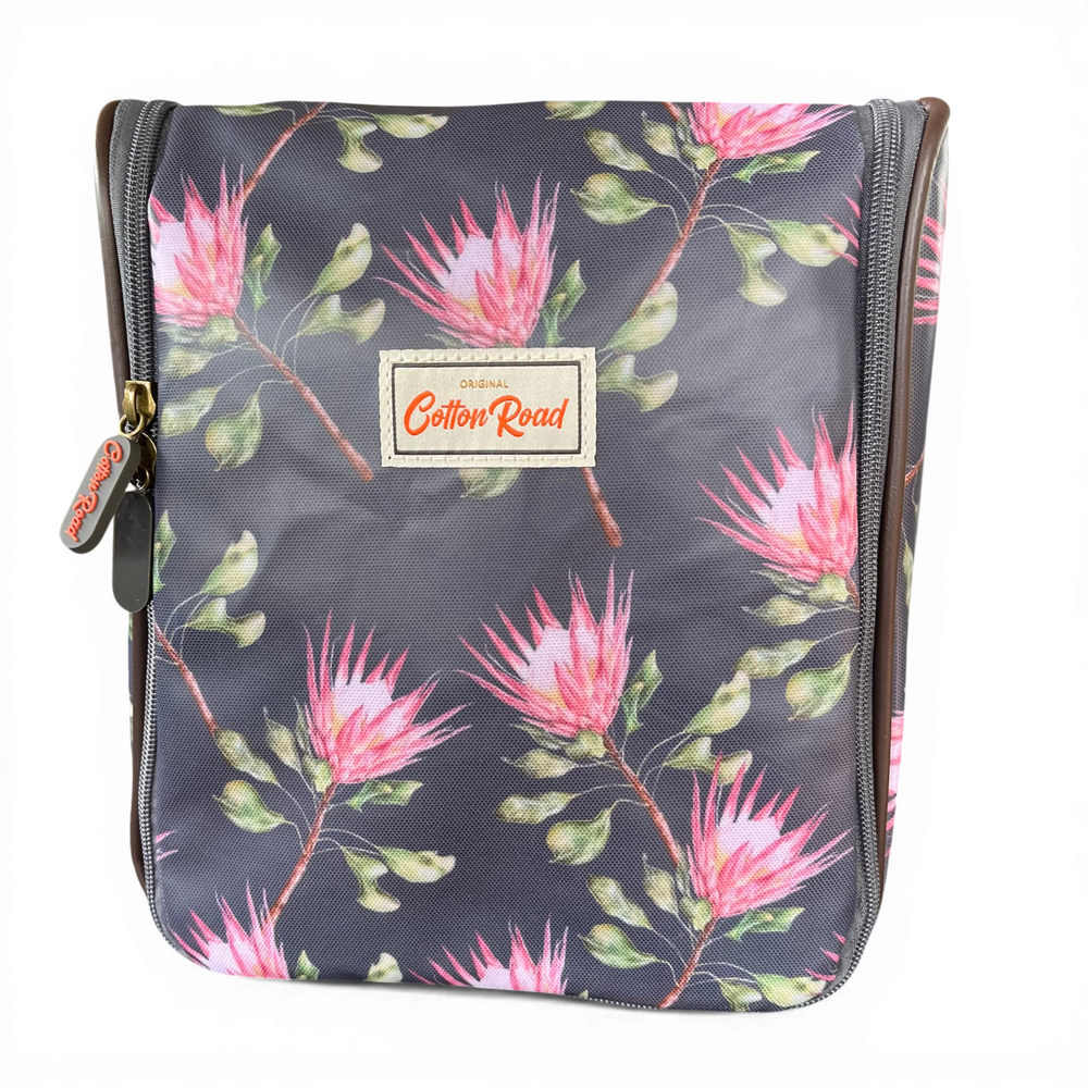 Cotton Road Toiletry Bag: GREY PVC Hanging Vanity Bag with PROTEA Print