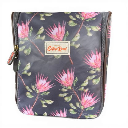 Cotton Road Toiletry Bag: GREY PVC Hanging Vanity Bag with PROTEA Print
