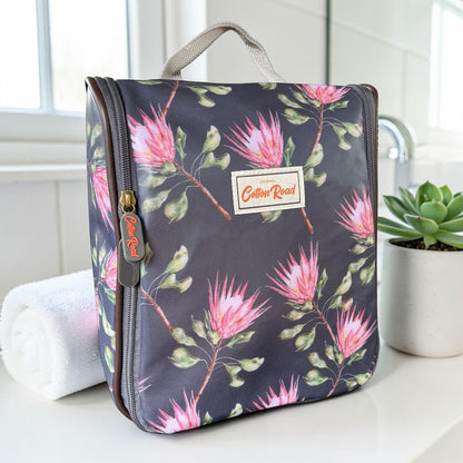 Cotton Road Toiletry Bag: GREY PVC Hanging Vanity Bag with PROTEA Print
