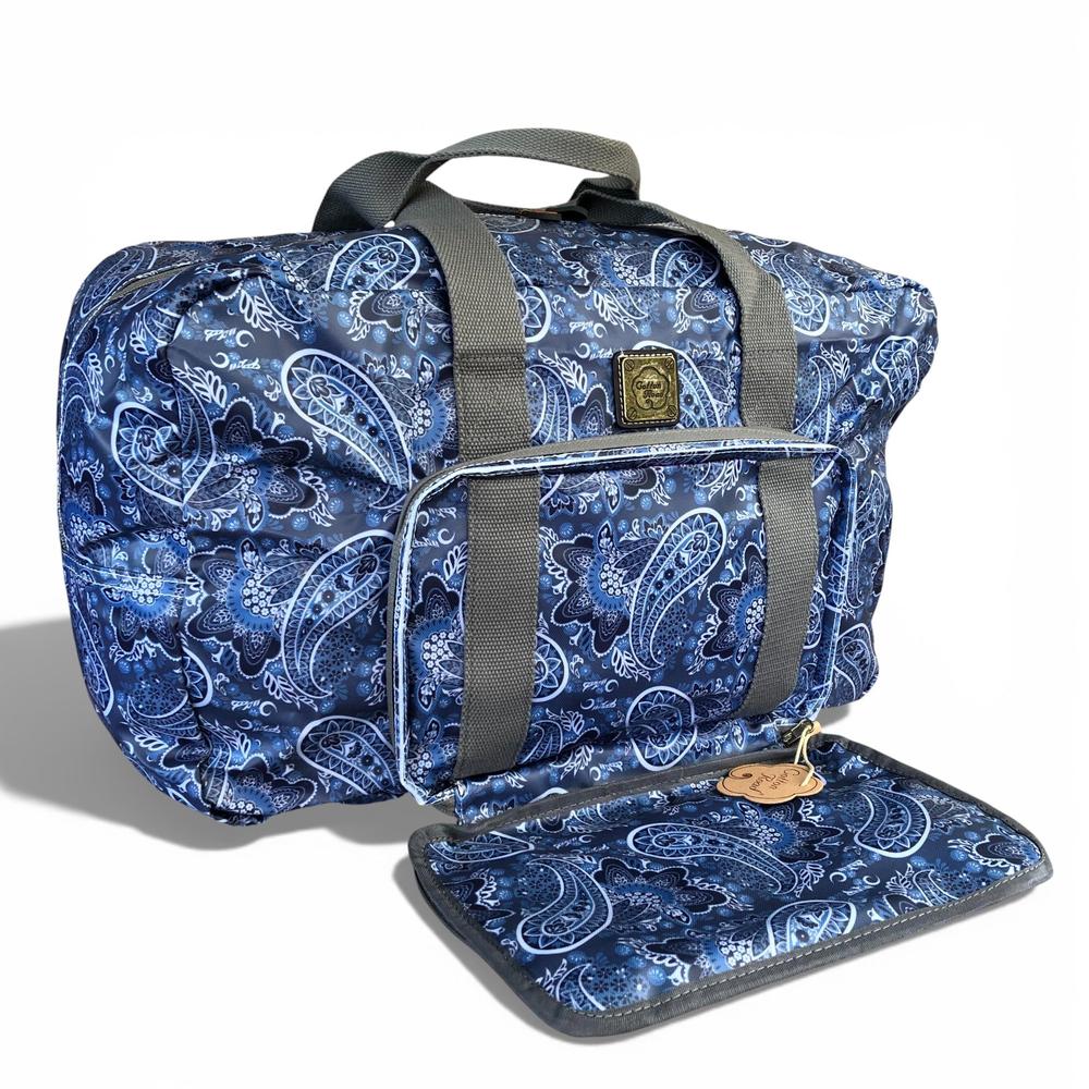 Cotton Road Travel Bag: BLUE PAISLEY Print PVC Foldaway WEEKENDER Travel Bag