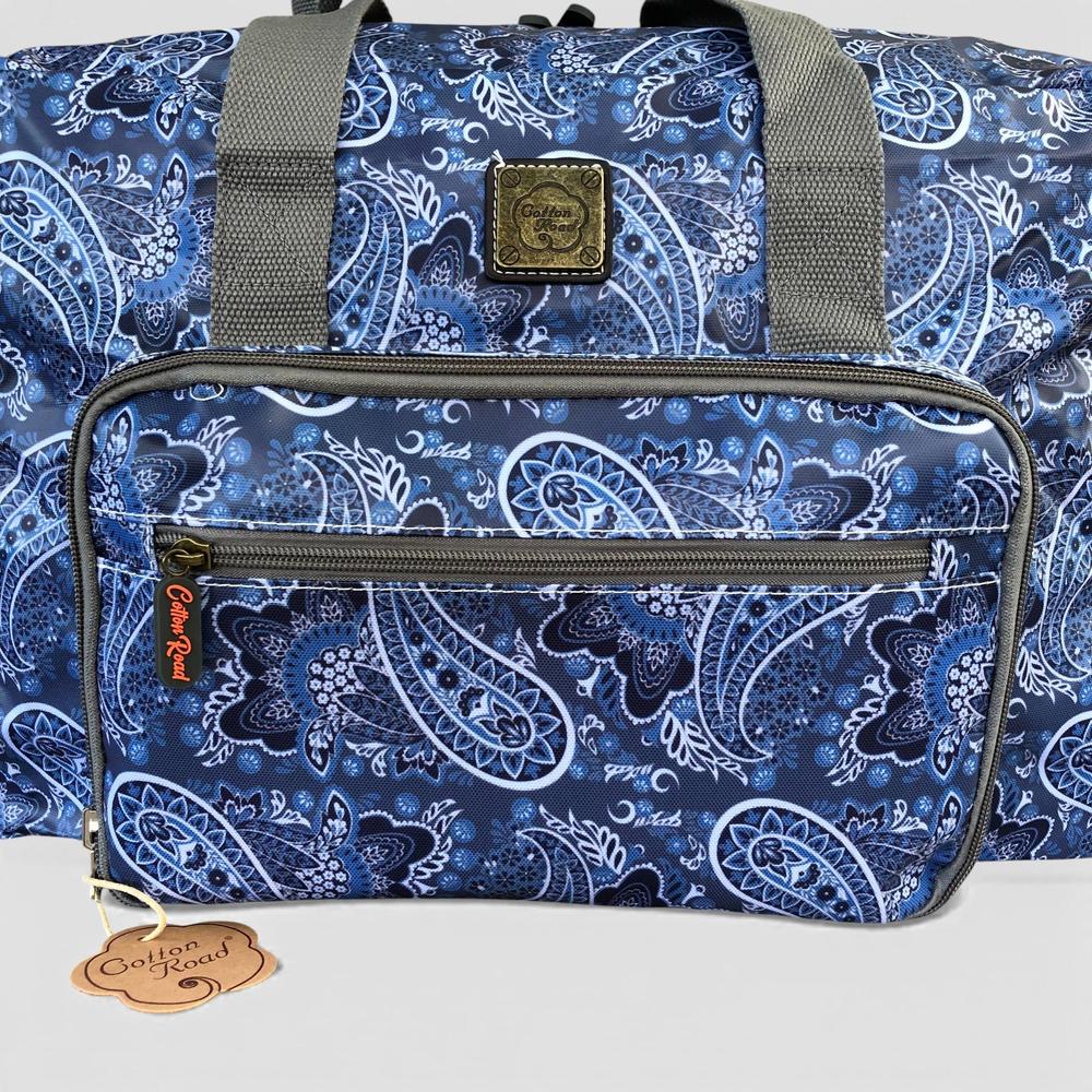 Cotton Road Travel Bag: BLUE PAISLEY Print PVC Foldaway WEEKENDER Travel Bag