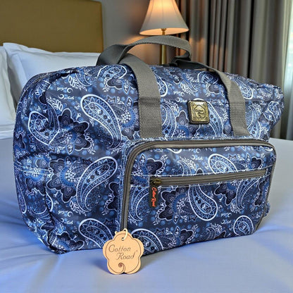 Cotton Road Travel Bag: BLUE PAISLEY Print PVC Foldaway WEEKENDER Travel Bag