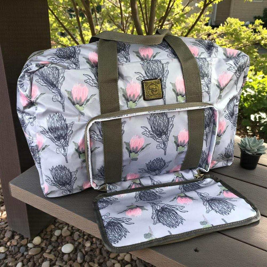 Cotton Road Travel Bag: BLUE PVC Foldaway WEEKENDER Travel Bag with PROTEA Design