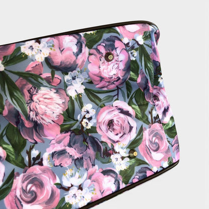 Cotton Road Travel Bag: BLUE PVC Overnight Travel Bag with PINK PURPLE FLOWERS