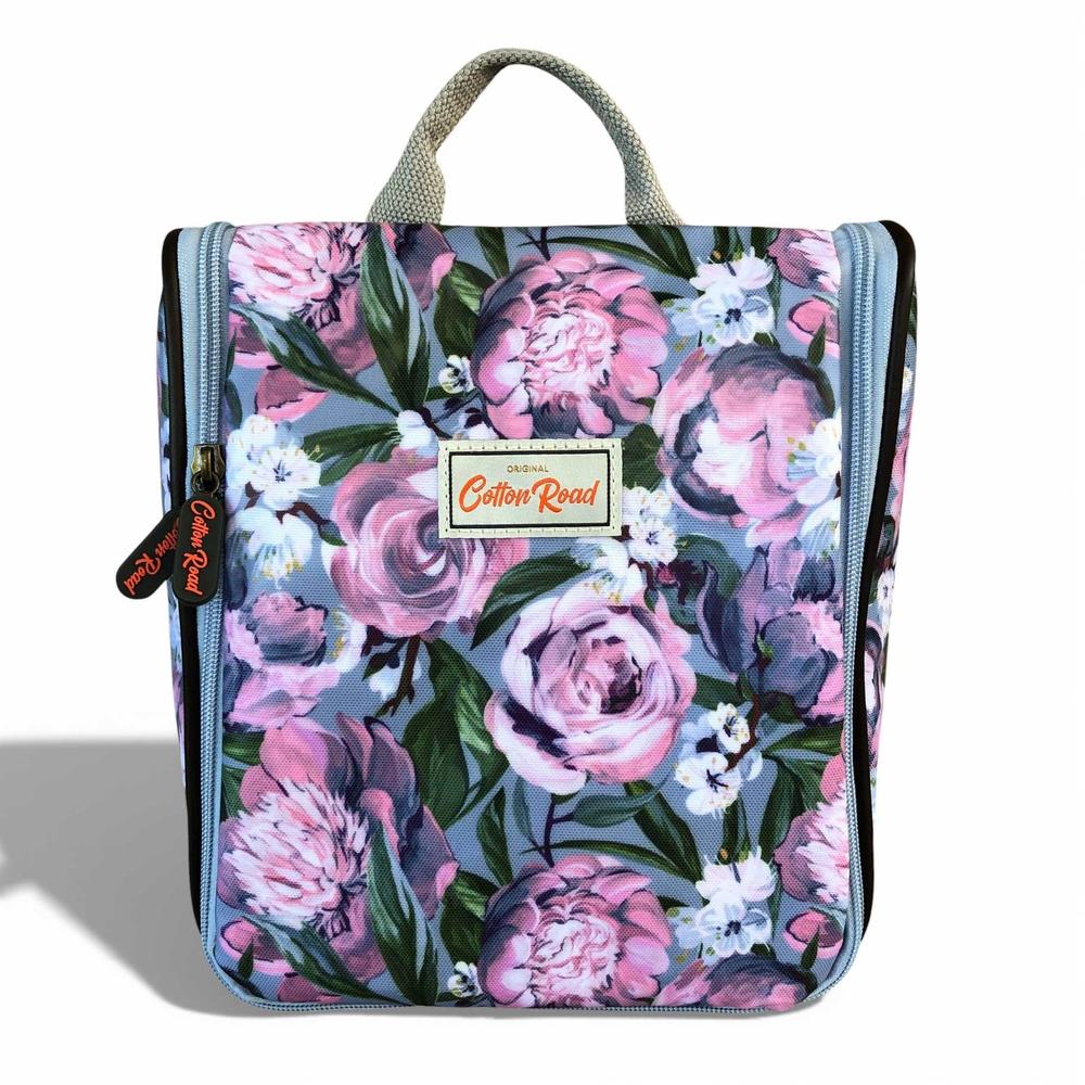 Cotton Road Travel Bag: BLUE PVC Overnight Travel Bag with PINK PURPLE FLOWERS and Matching Vanity Bag Set