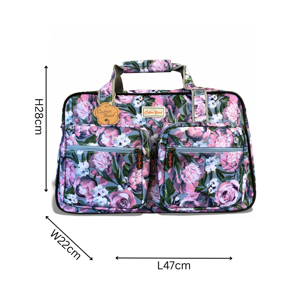 Cotton Road Travel Bag: BLUE PVC Overnight Travel Bag with PINK PURPLE FLOWERS and Matching Vanity Bag Set