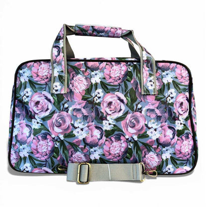 Cotton Road Travel Bag: BLUE PVC Overnight Travel Bag with PINK PURPLE FLOWERS and Matching Vanity Bag Set