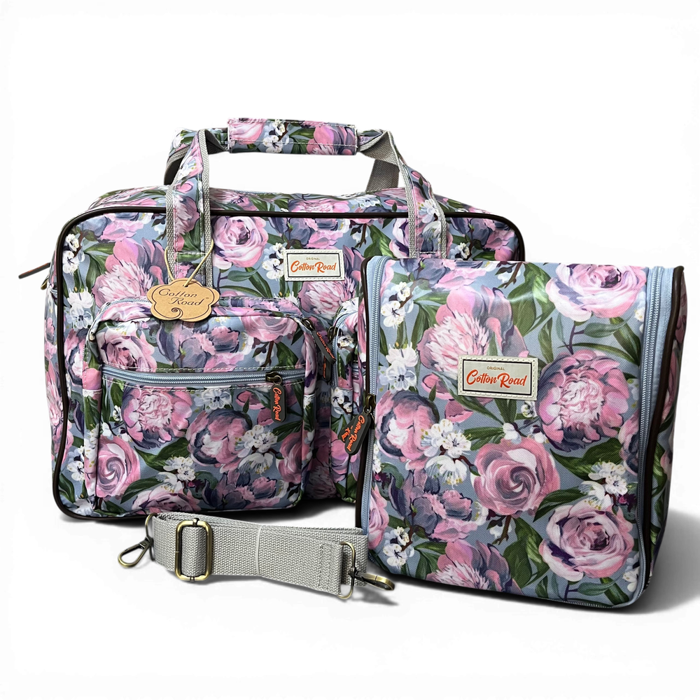 Cotton Road Travel Bag: BLUE PVC Overnight Travel Bag with PINK PURPLE FLOWERS and Matching Vanity Bag Set