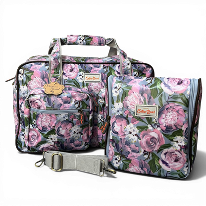 Cotton Road Travel Bag: BLUE PVC Overnight Travel Bag with PINK PURPLE FLOWERS and Matching Vanity Bag Set