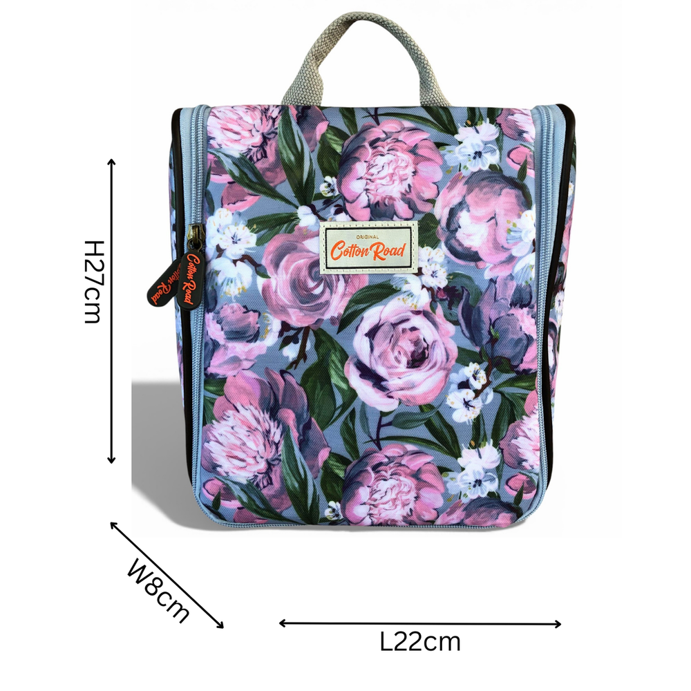 Cotton Road Travel Bag: BLUE PVC Overnight Travel Bag with PINK PURPLE FLOWERS and Matching Vanity Bag Set
