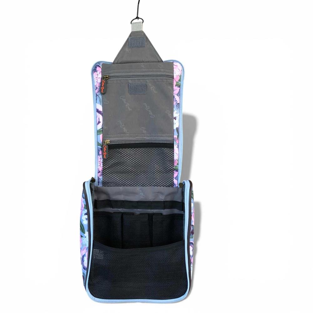 Cotton Road Travel Bag: BLUE PVC Overnight Travel Bag with PINK PURPLE FLOWERS and Matching Vanity Bag Set