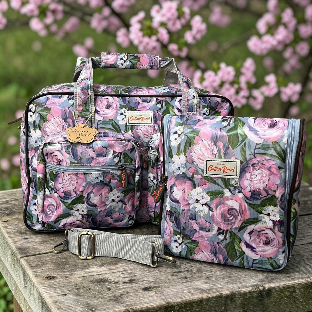 Cotton Road Travel Bag: BLUE PVC Overnight Travel Bag with PINK PURPLE FLOWERS and Matching Vanity Bag Set