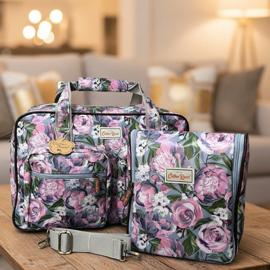 Cotton Road Travel Bag: BLUE PVC Overnight Travel Bag with PINK PURPLE FLOWERS and Matching Vanity Bag Set