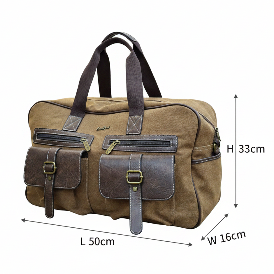 Cotton Road Travel Bag: BROWN Canvas Duffel with PU Leather Trim