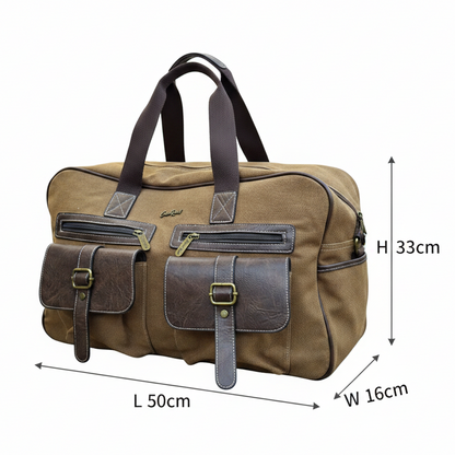 Cotton Road Travel Bag: BROWN Canvas Duffel with PU Leather Trim