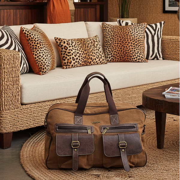 Cotton Road Travel Bag: BROWN Canvas bag with PU Leather Trim LIFESTYE