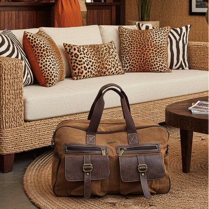 Cotton Road Travel Bag: BROWN Canvas bag with PU Leather Trim LIFESTYE