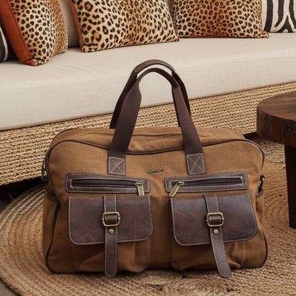 Cotton Road Travel Bag: BROWN Canvas Duffel with PU Leather Trim