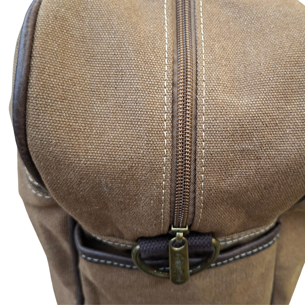 Cotton Road Travel Bag: BROWN Canvas bag with PU Leather Trim FRONT POCKET TOP