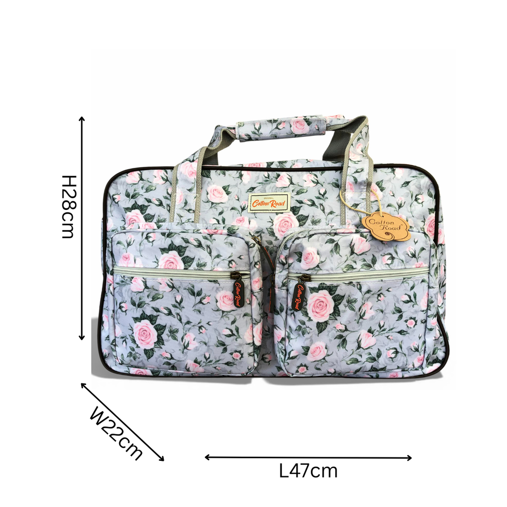 Cotton Road Travel Bag: GREY PVC Overnight Travel Bag with ROSES