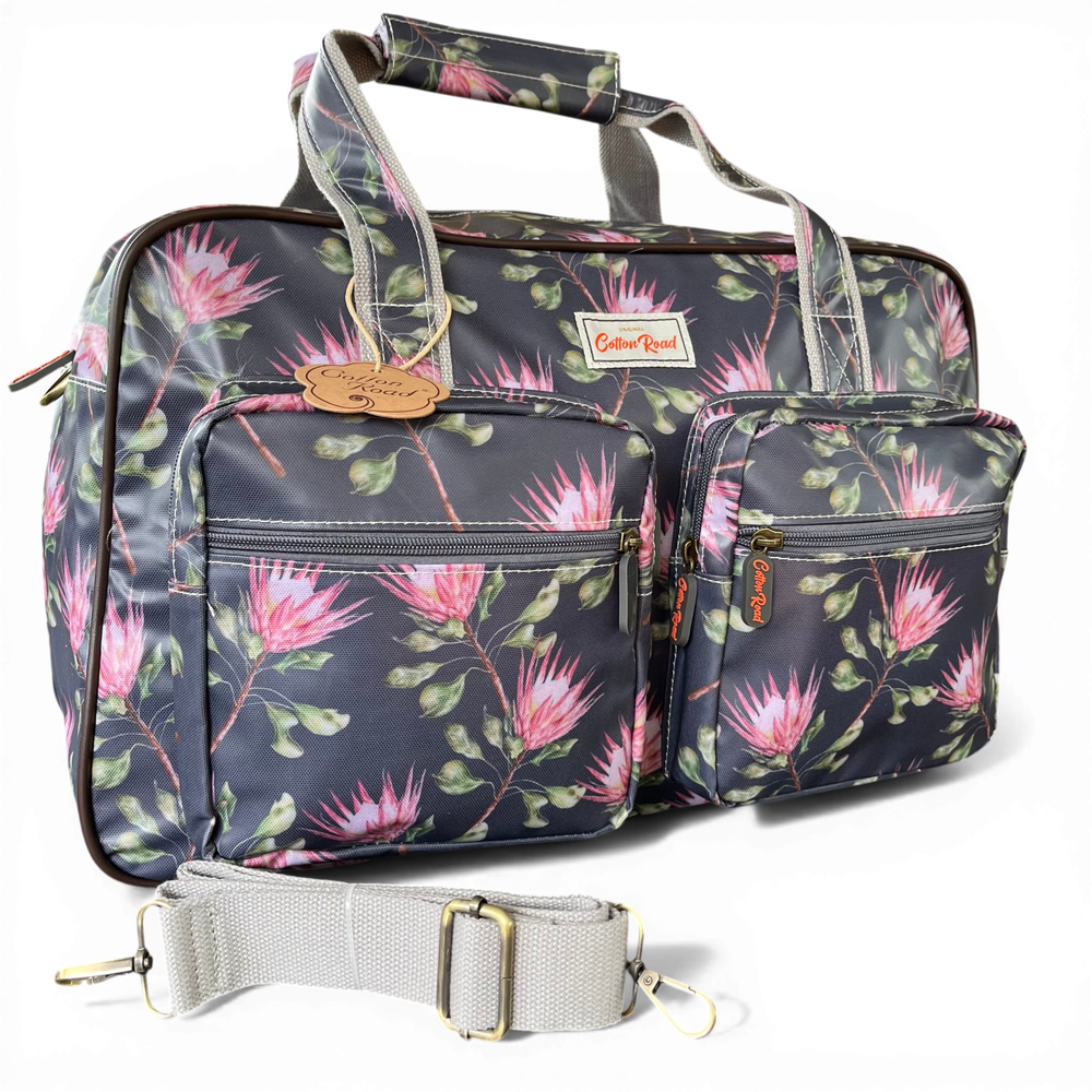 Cotton Road Travel Bag: GREY PVC Overnight with PROTEAS and Matching Vanity Bag