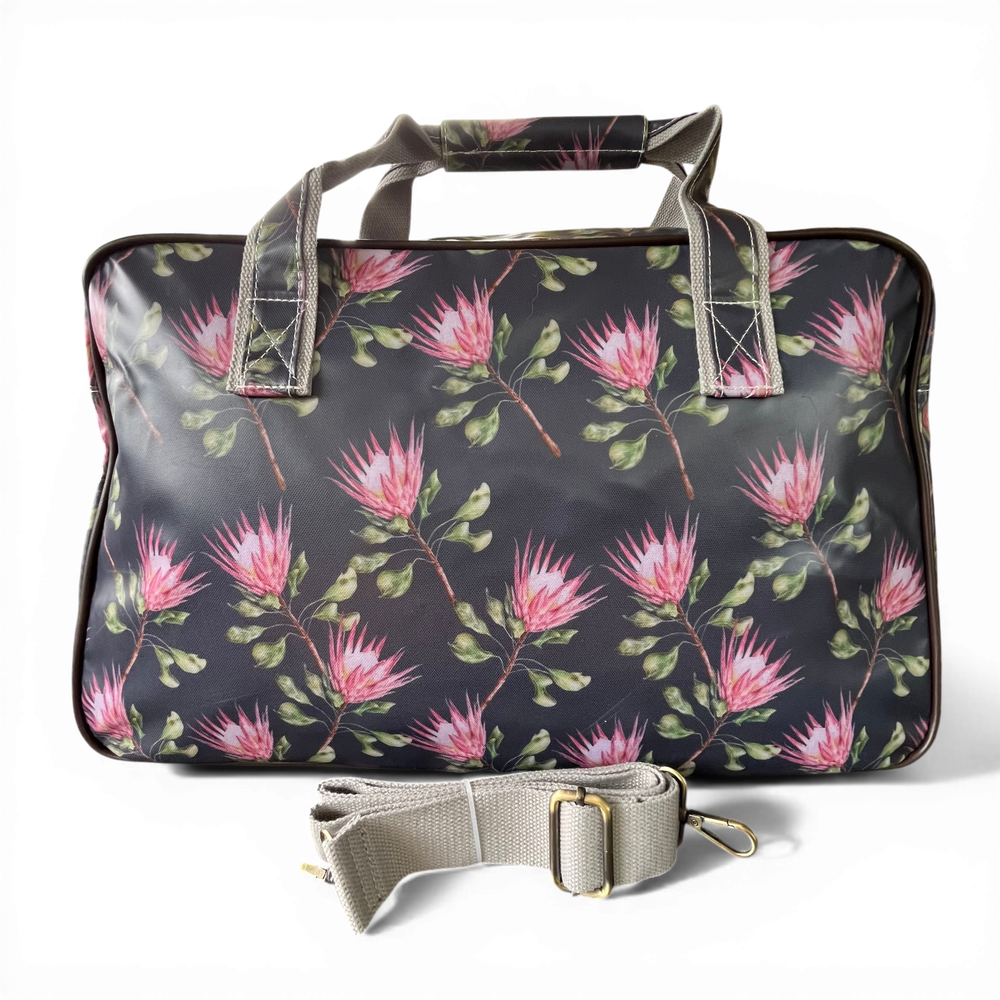 Cotton Road Travel Bag: GREY PVC Overnight with PROTEAS and Matching Vanity Bag
