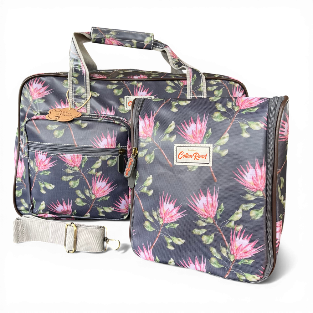 Cotton Road Travel Bag: GREY PVC Overnight with PROTEAS and Matching Vanity Bag