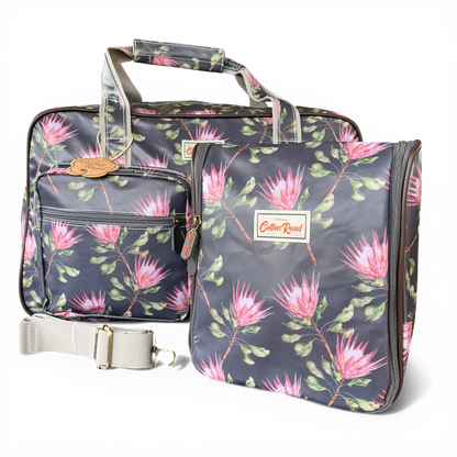 Cotton Road Travel Bag: GREY PVC Overnight with PROTEAS and Matching Vanity Bag