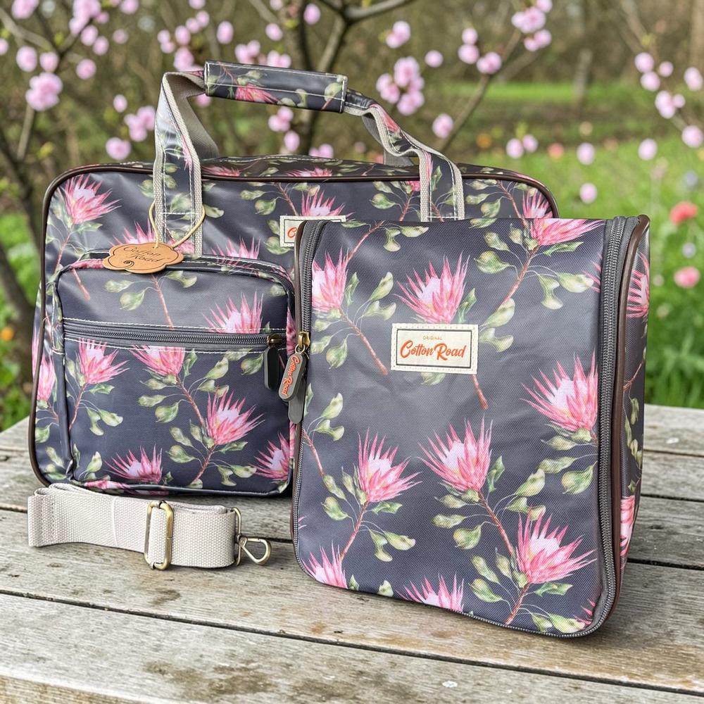 Cotton Road Travel Bag: GREY PVC Overnight with PROTEAS and Matching Vanity Bag