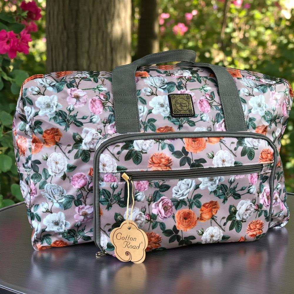 Cotton Road Travel Bag: MAUVE FLORAL PVC Foldaway WEEKENDER Travel Bag