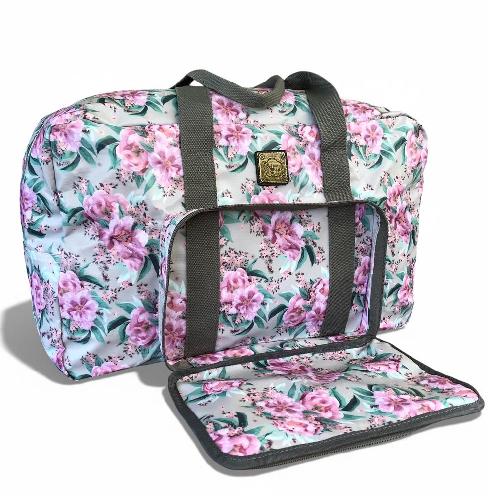 Cotton Road Travel Bag: MINT GREEN FLORAL PVC Foldaway WEEKENDER Travel Bag. Size L53cm x W22cm x H35cm