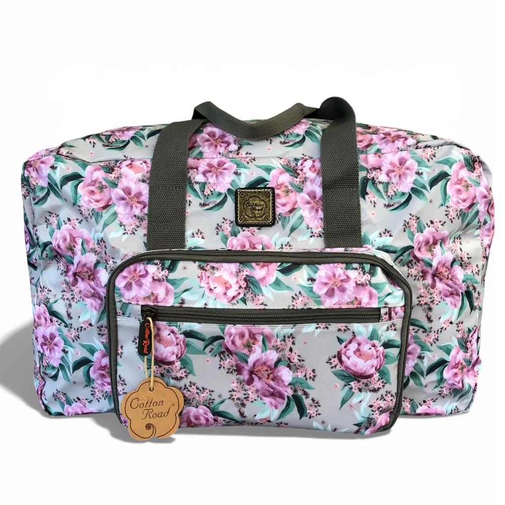 Cotton Road Travel Bag: MINT GREEN FLORAL PVC Foldaway WEEKENDER Travel Bag. Size L53cm x W22cm x H35cm
