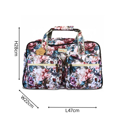 Cotton Road Travel Bag: PINK PVC Overnight Bag with ROSES and Matching Vanity Bag