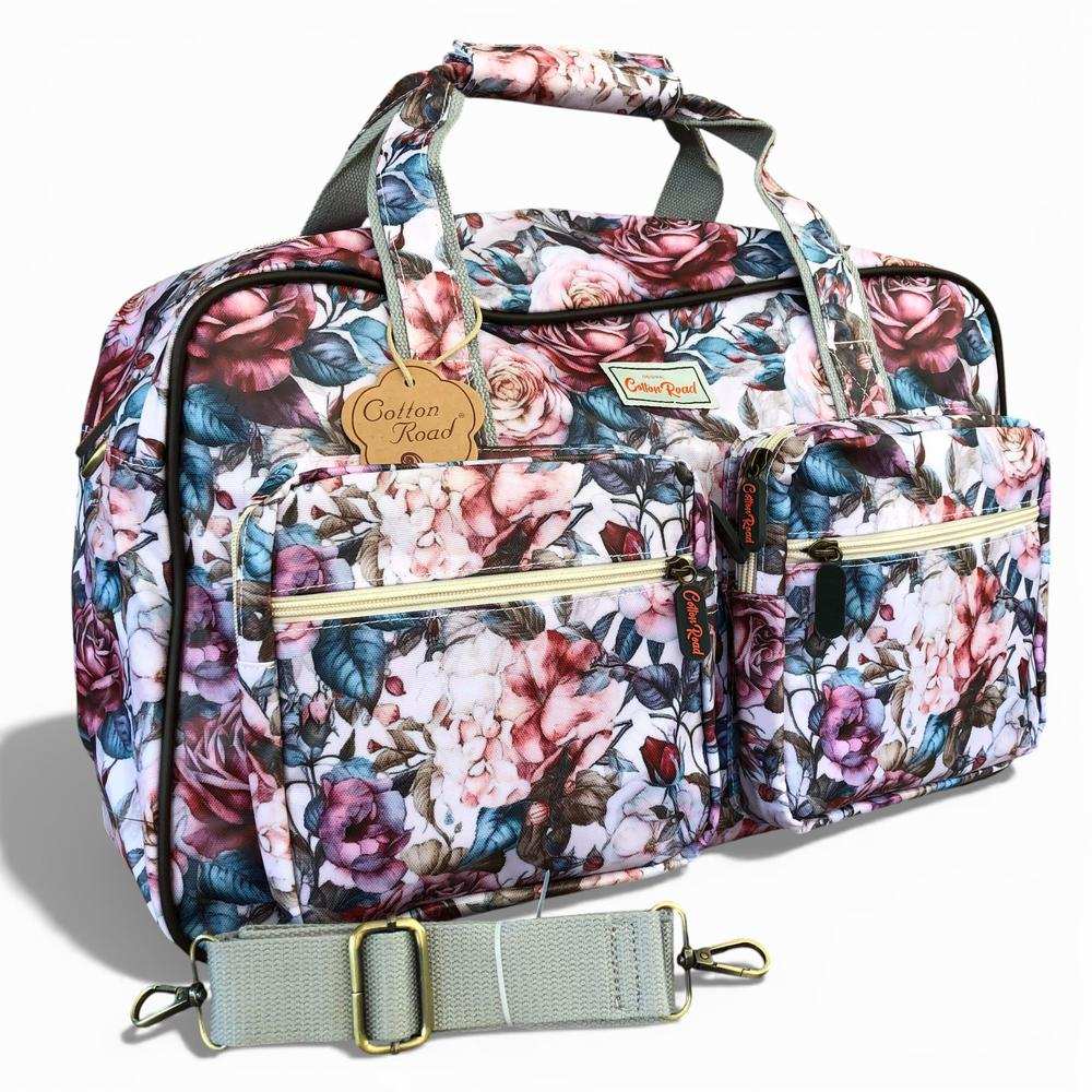 Cotton Road Travel Bag: PINK PVC Overnight Bag with ROSES and Matching Vanity Bag